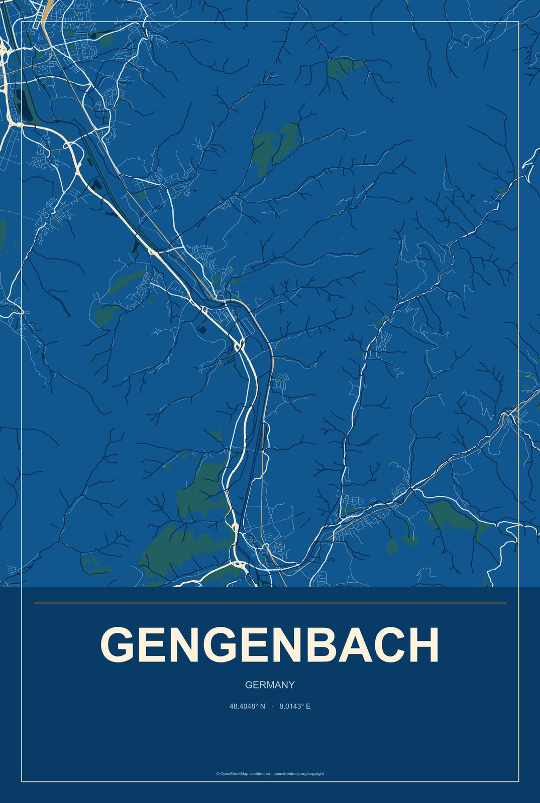 Gengenbach, Germany City Map Aluminum Sign in Harbor Cobalt style