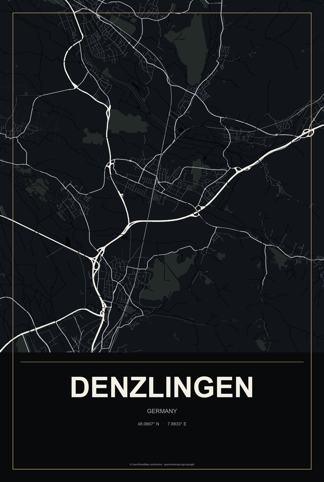 Denzlingen, Germany City Map Aluminum Sign in Metropolitan Noir style