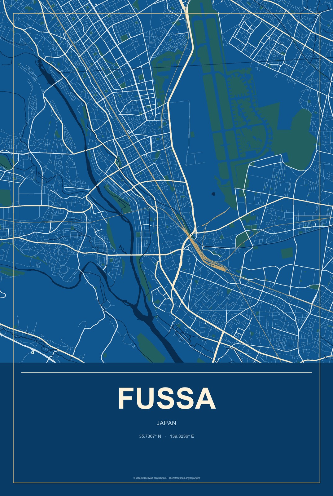 Fussa, Japan City Map Aluminum Sign in Harbor Cobalt style