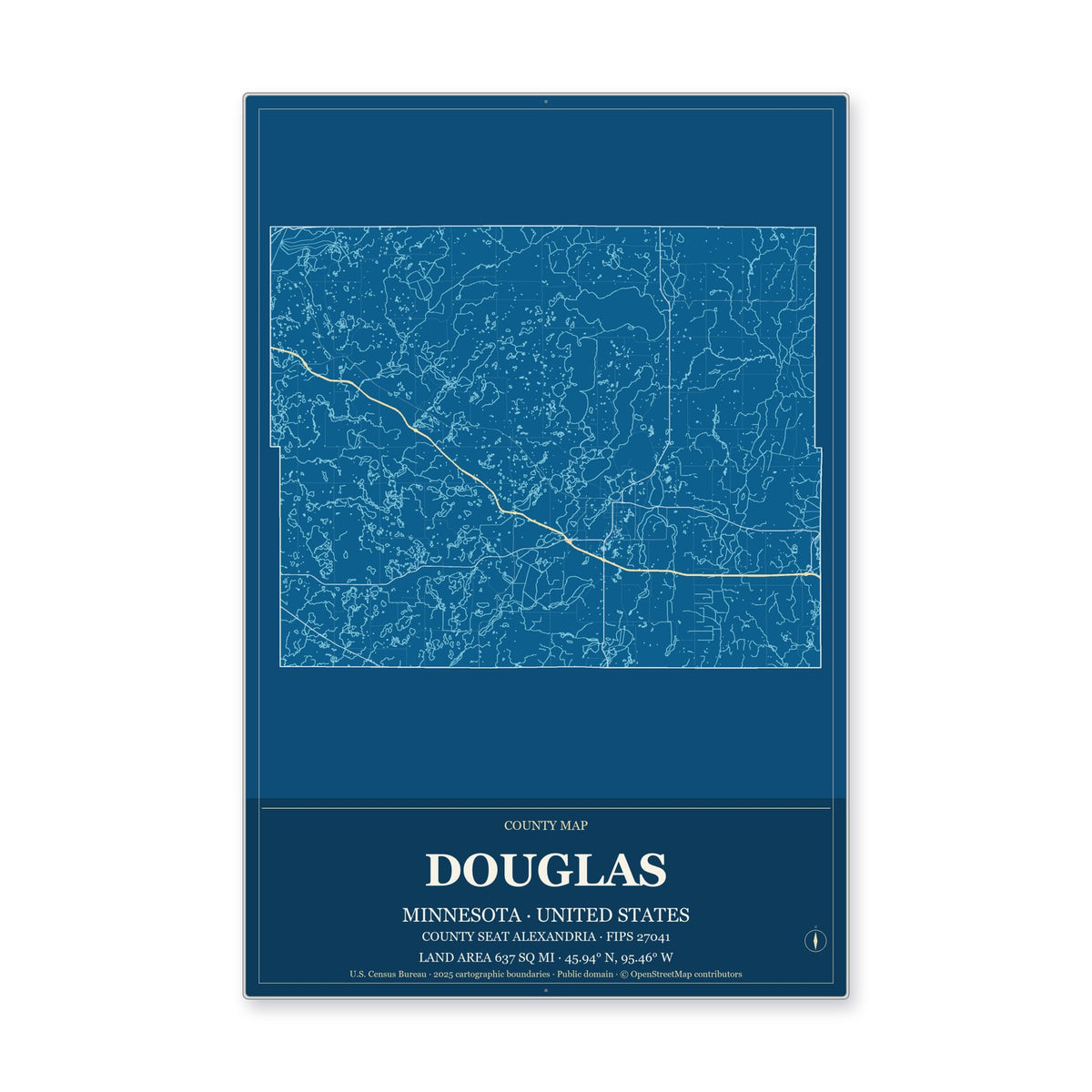 Douglas County, Minnesota Map Aluminum Sign in Harbor Cobalt style