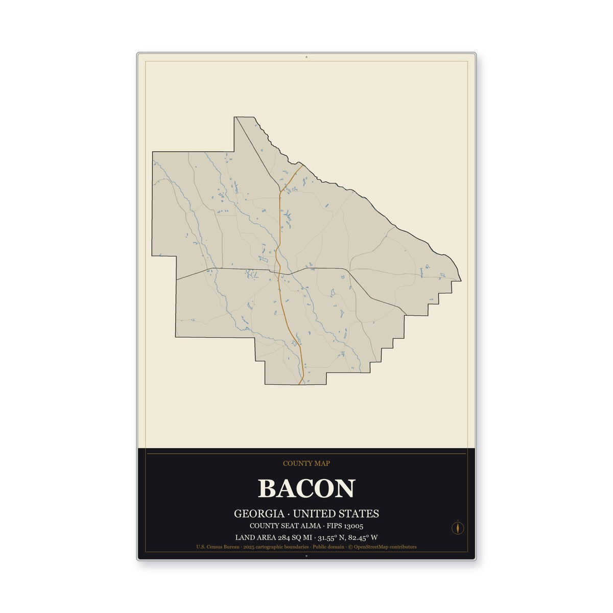 Bacon County, Georgia Map Aluminum Sign in Museum Plaque style