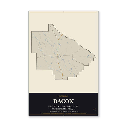 Bacon County, Georgia Map Aluminum Sign in Museum Plaque style