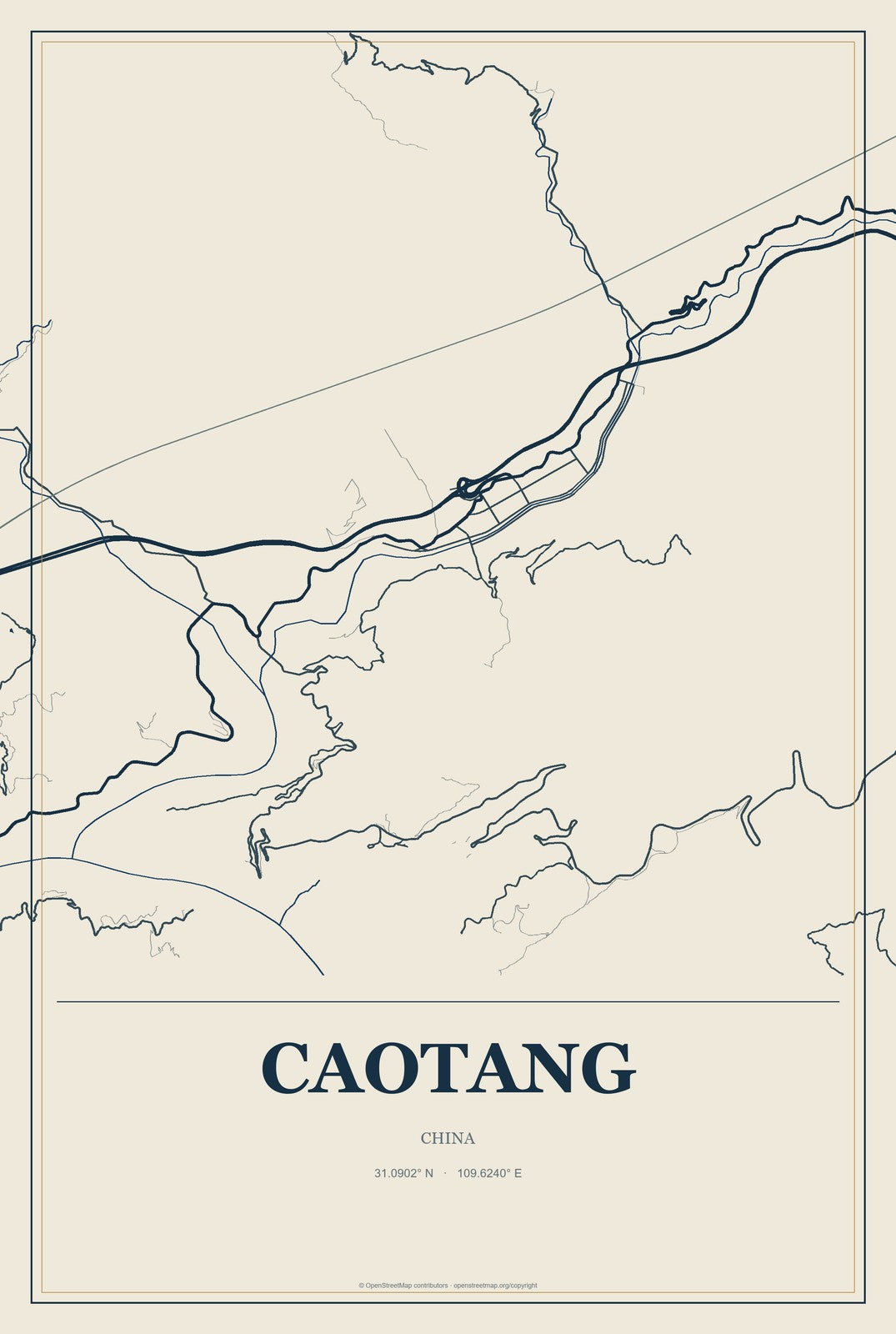Caotang, China City Map Aluminum Sign in Coastal Cutout style