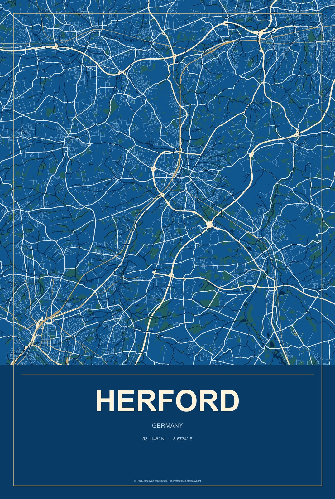 Herford, Germany City Map Aluminum Sign in Harbor Cobalt style