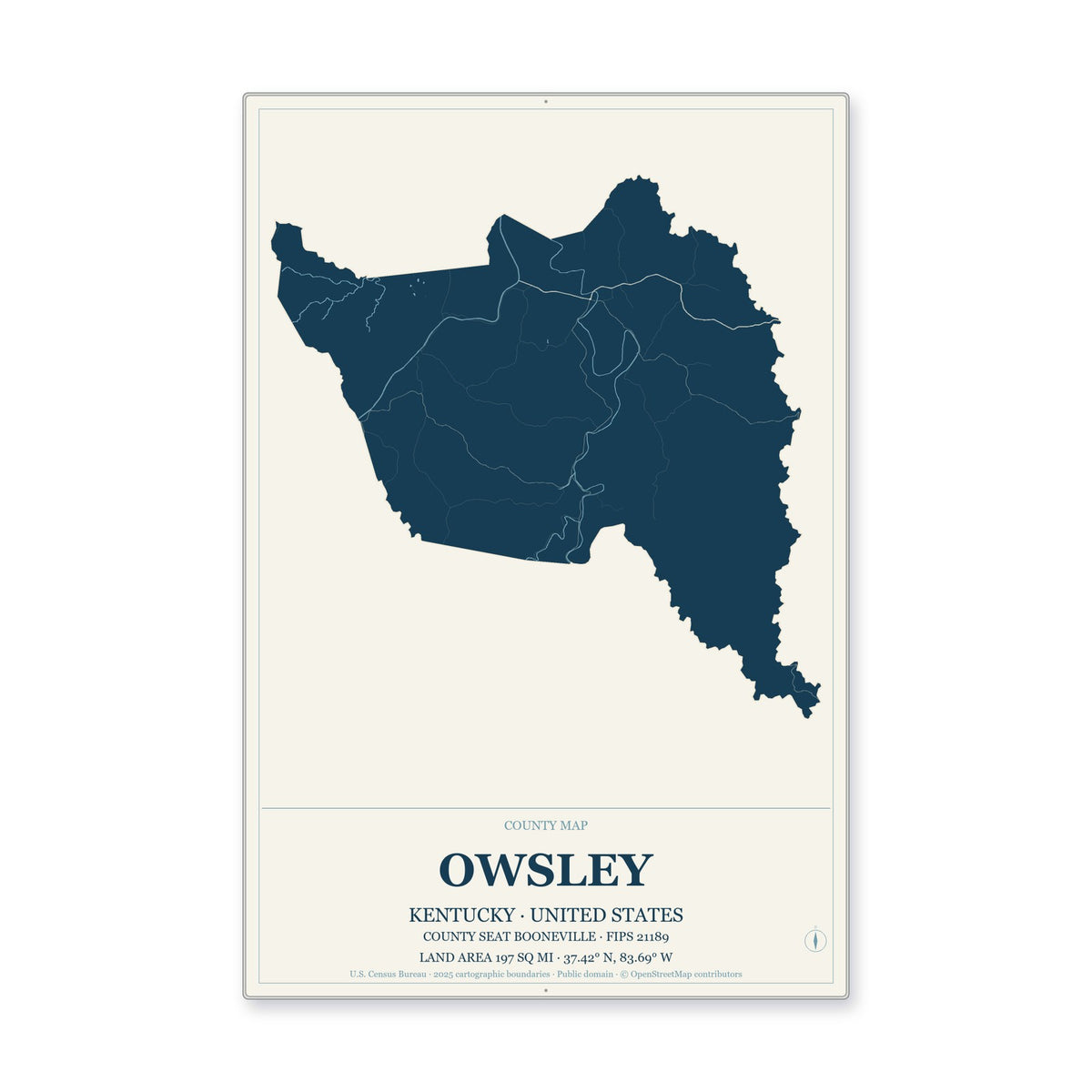 Owsley County, Kentucky Map Aluminum Sign in Coastal Cutout style