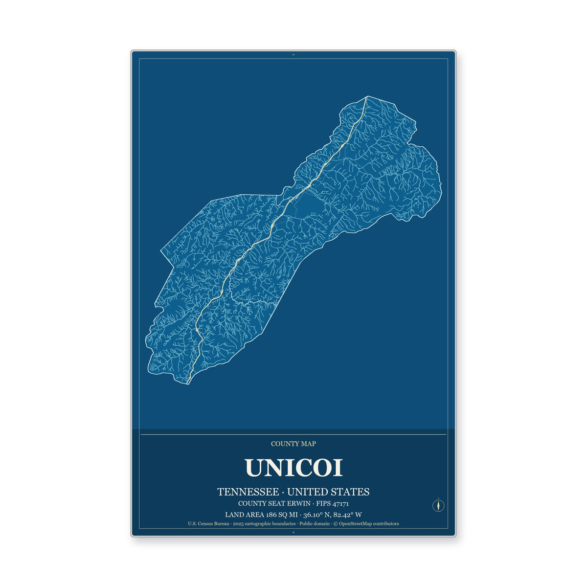 Unicoi County, Tennessee Map Aluminum Sign in Harbor Cobalt style
