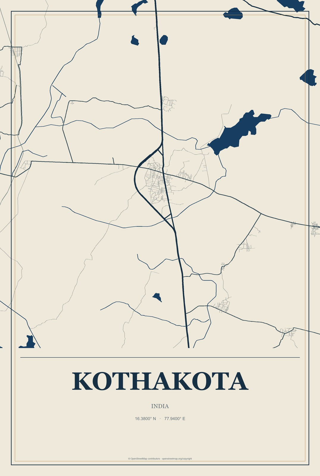 Kothakota, India City Map Aluminum Sign in Coastal Cutout style