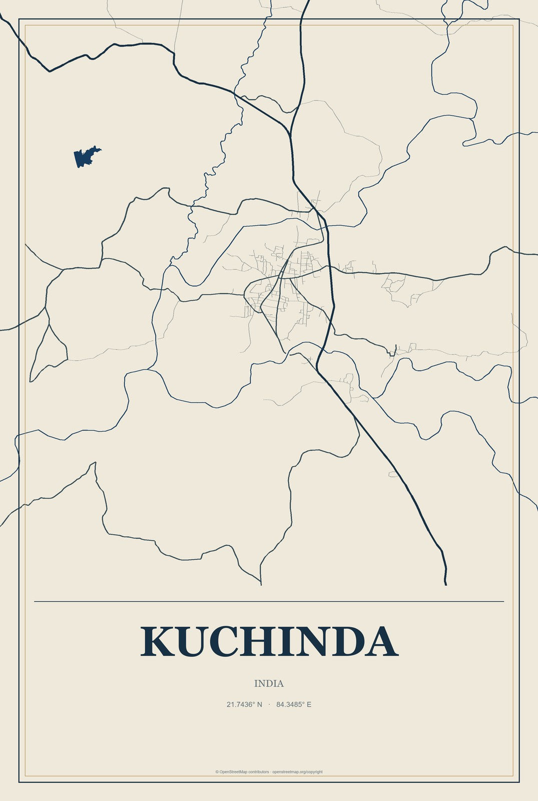 Kuchinda, India City Map Aluminum Sign in Coastal Cutout style