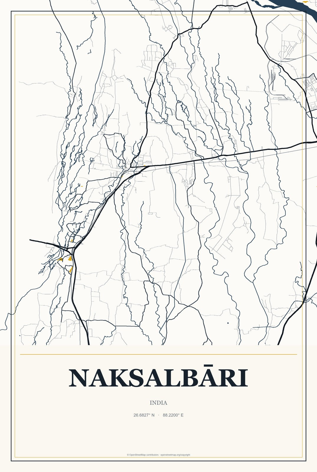 Naksalbāri, India City Map Aluminum Sign in Citrine Modern style