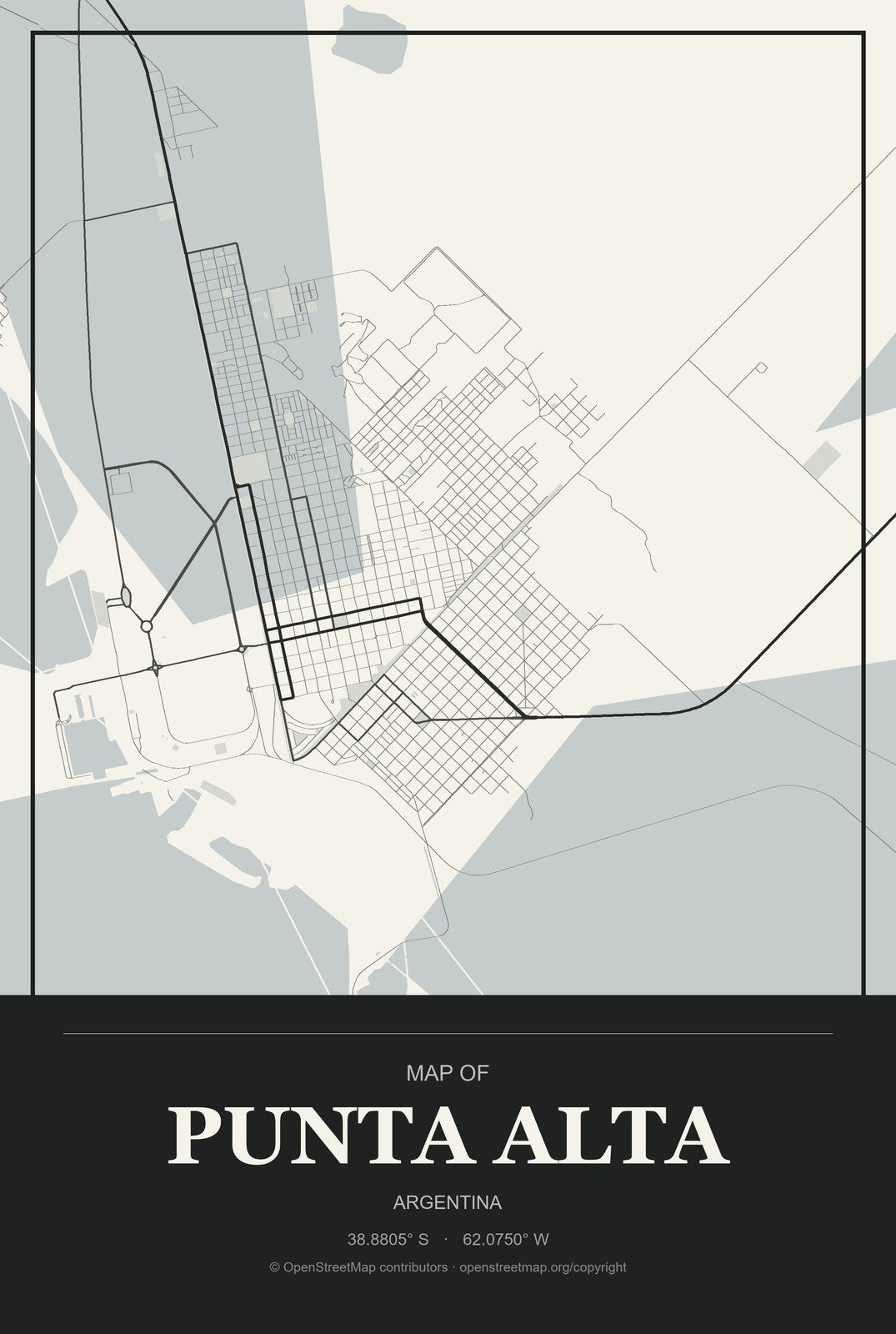 Punta Alta, Argentina City Map Aluminum Sign in Museum Plaque style