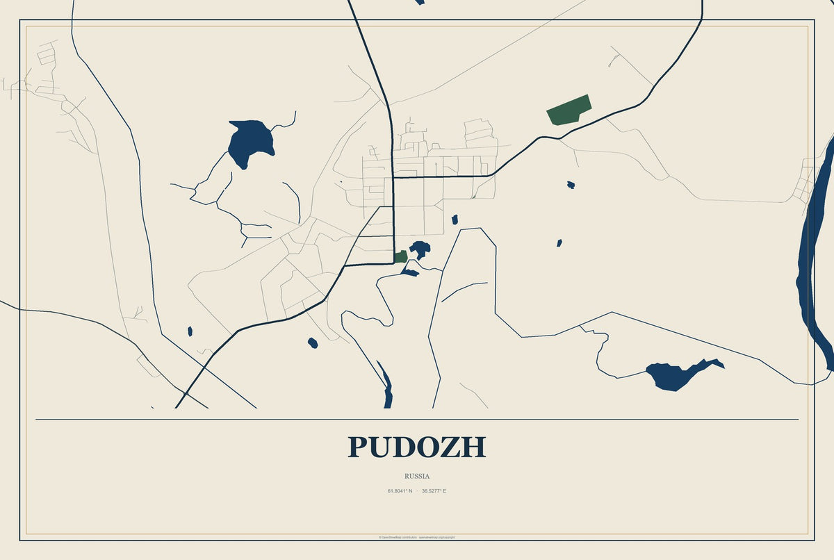 Pudozh, Russia City Map Aluminum Sign in Coastal Cutout style