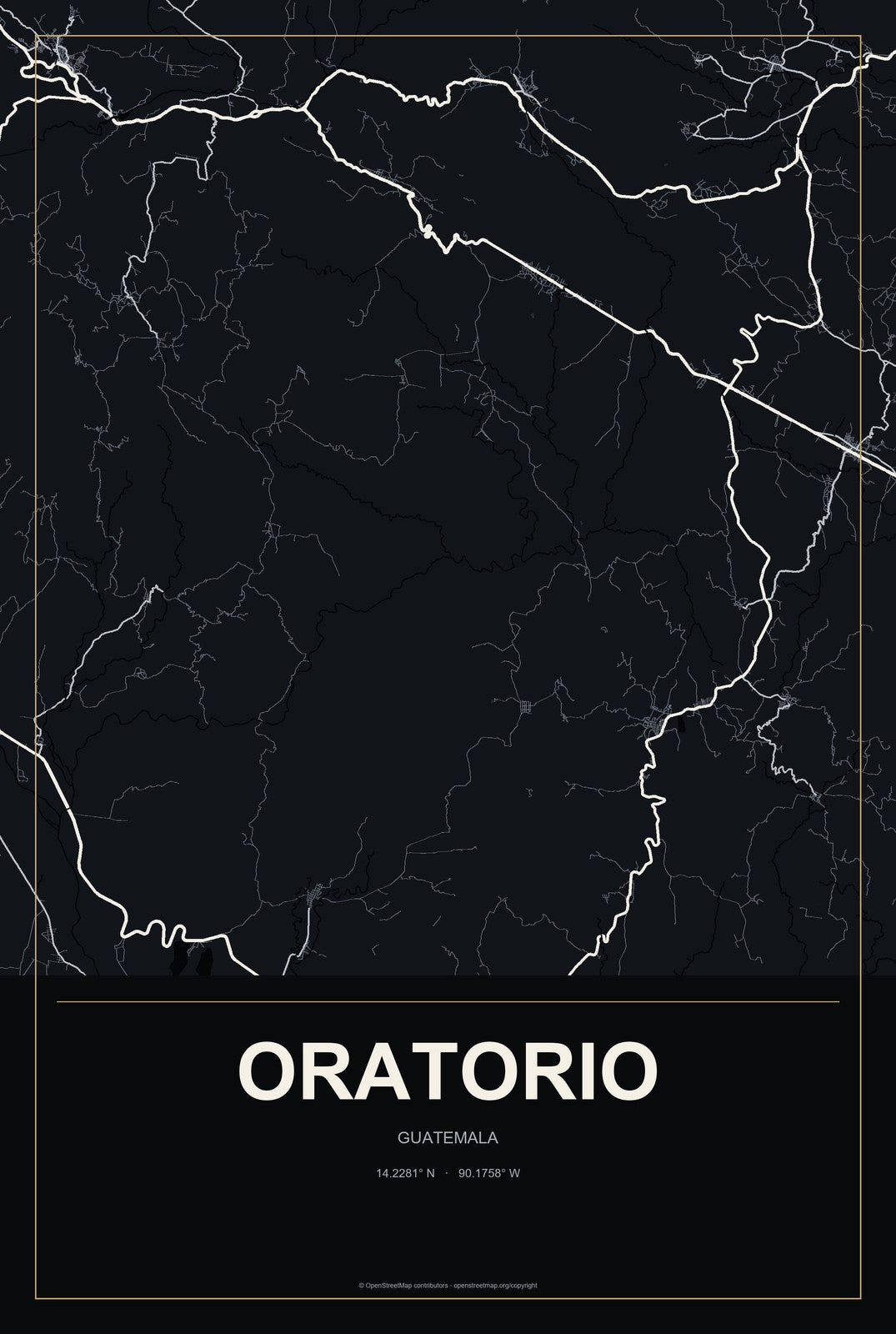Oratorio, Guatemala City Map Aluminum Sign in Metropolitan Noir style
