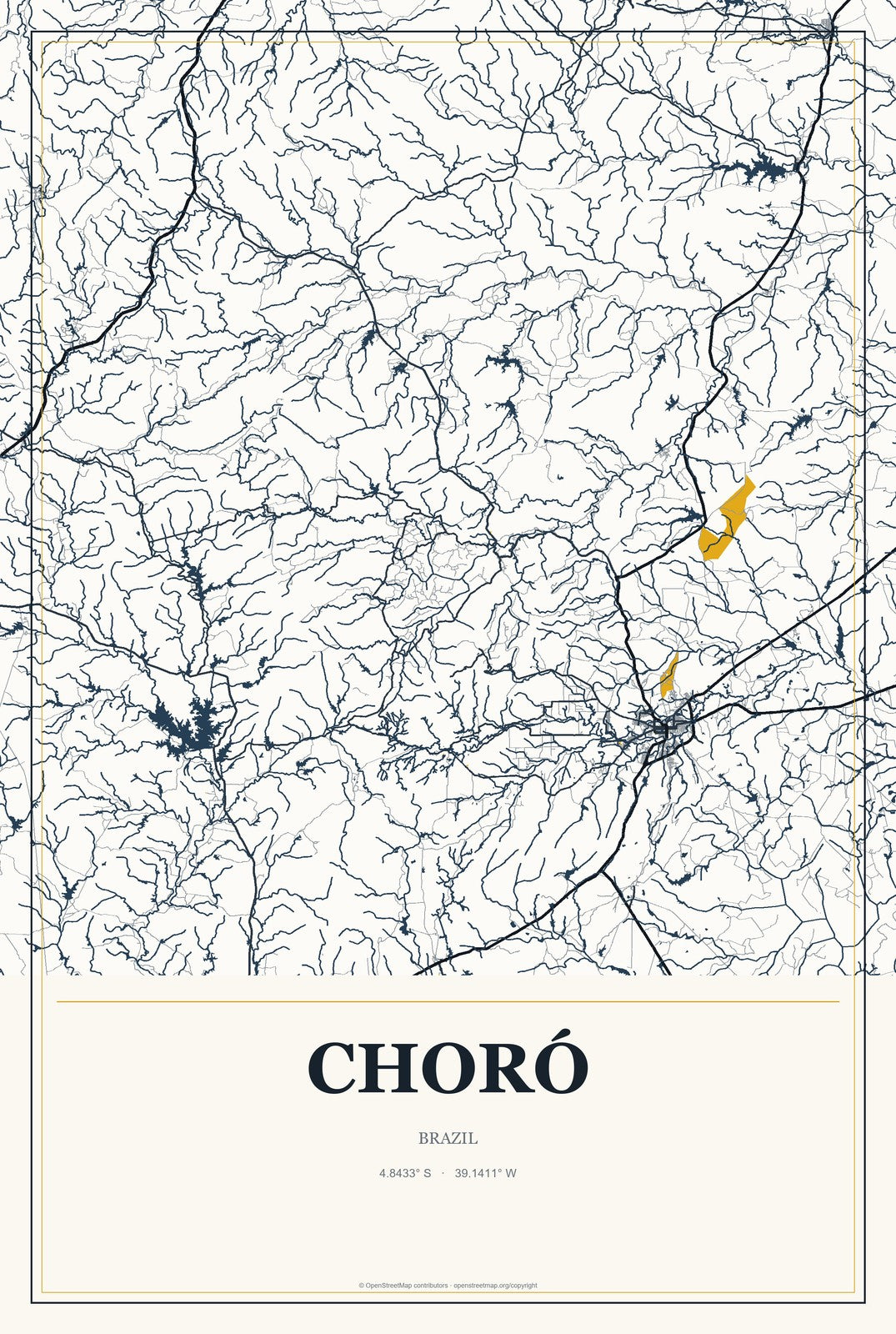 Choró, Brazil City Map Aluminum Sign in Citrine Modern style