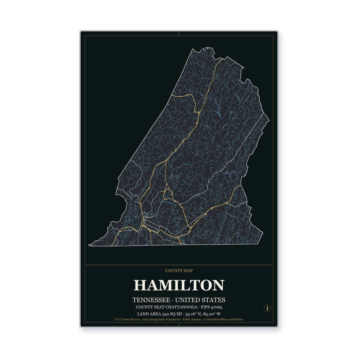 Hamilton County, Tennessee Map Aluminum Sign in Metropolitan Noir style