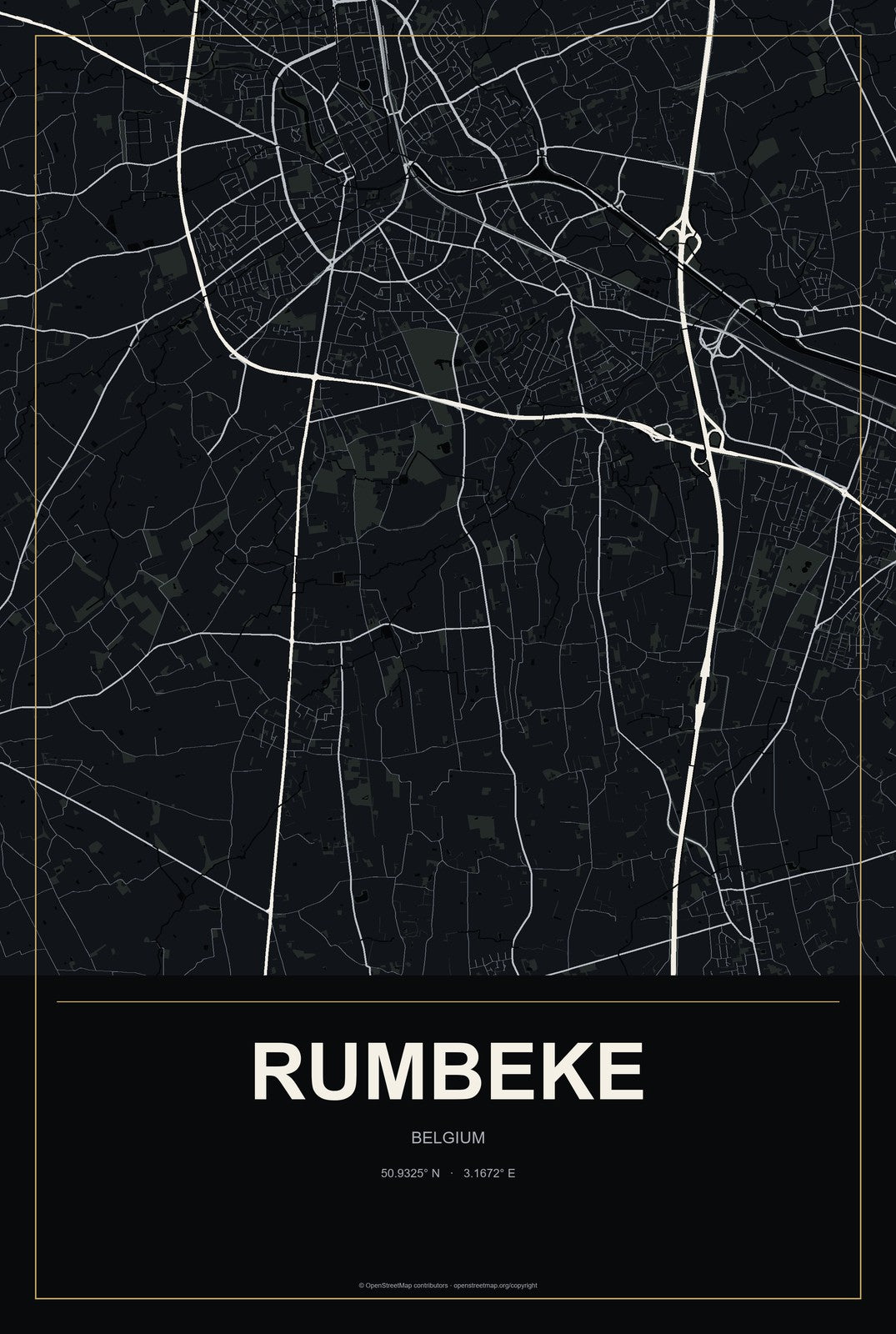 Rumbeke, Belgium City Map Aluminum Sign in Metropolitan Noir style