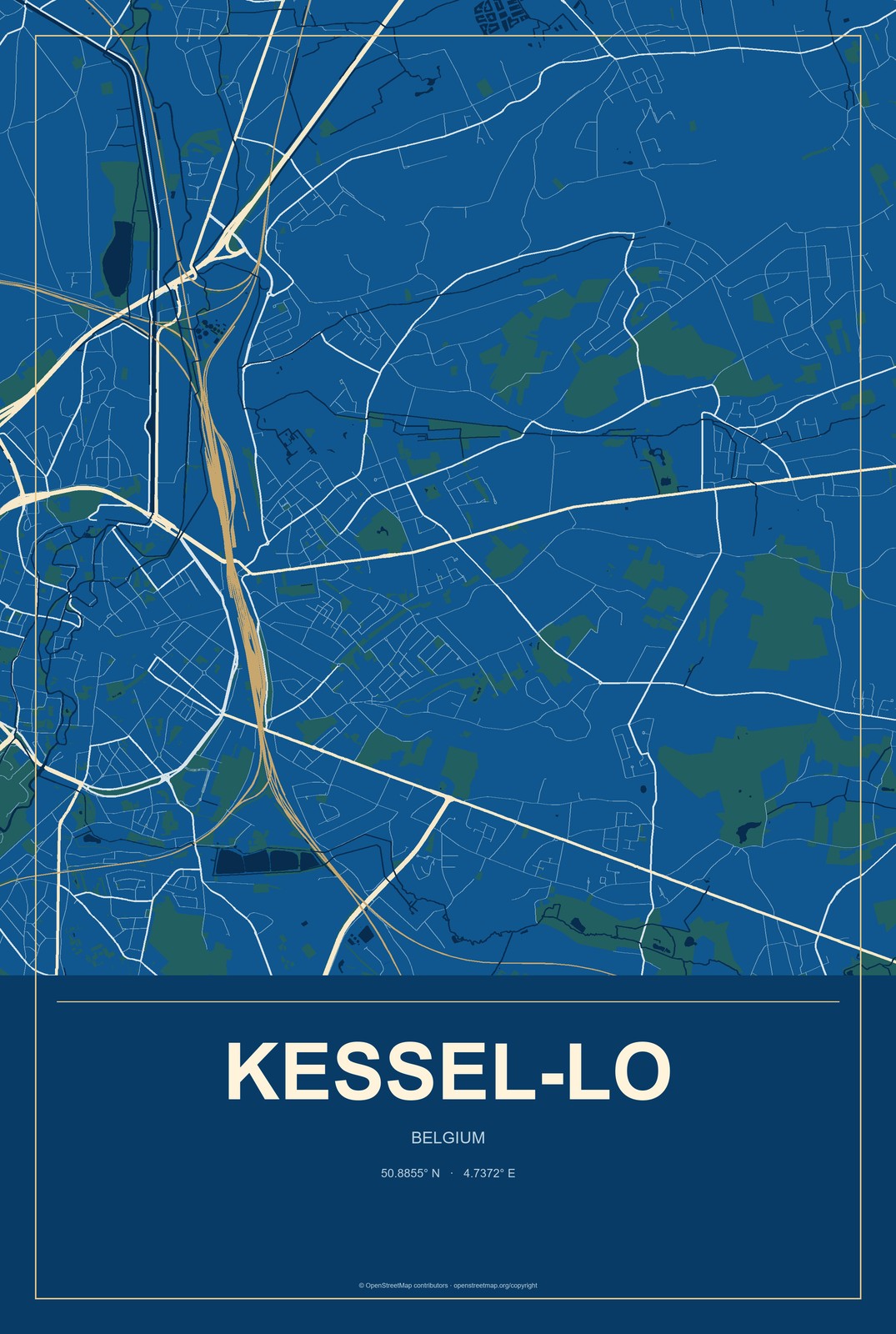 Kessel-Lo, Belgium City Map Aluminum Sign in Harbor Cobalt style