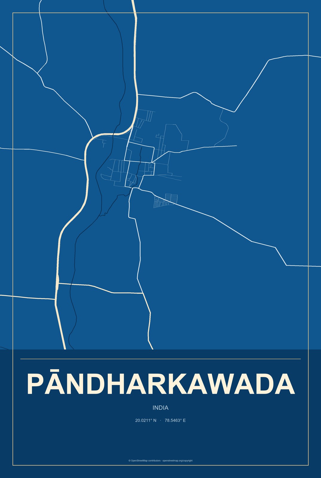 Pāndharkawada, India City Map Aluminum Sign in Harbor Cobalt style