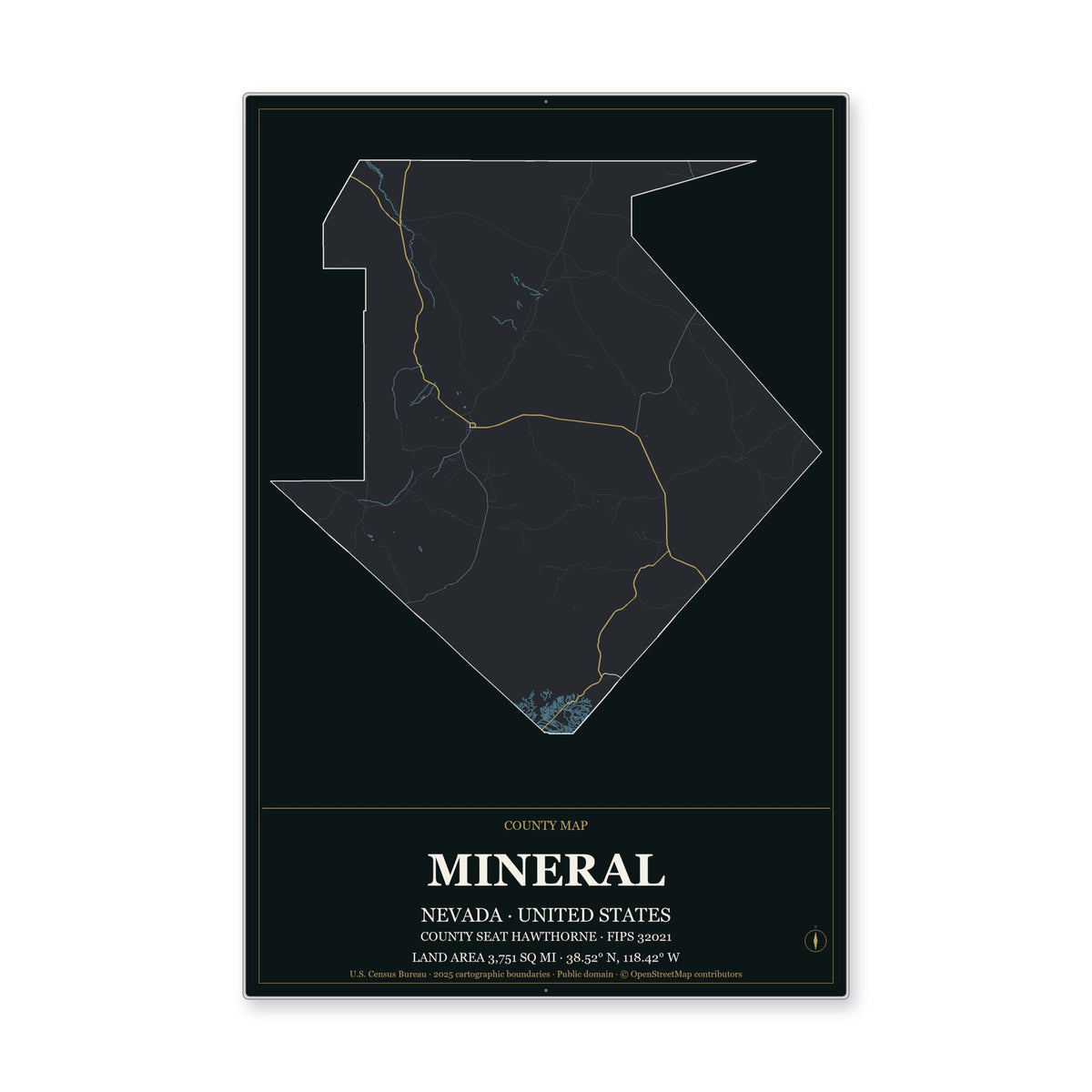 Mineral County, Nevada Map Aluminum Sign in Metropolitan Noir style