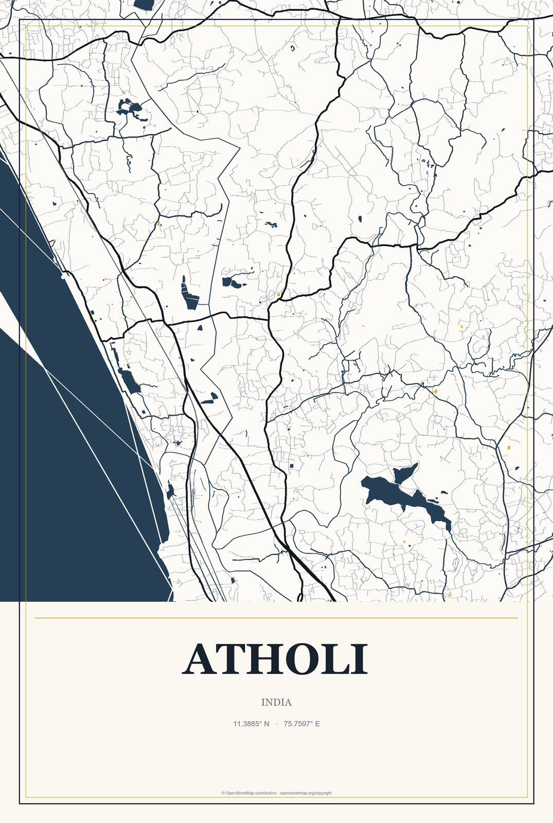 Atholi, India City Map Aluminum Sign in Citrine Modern style