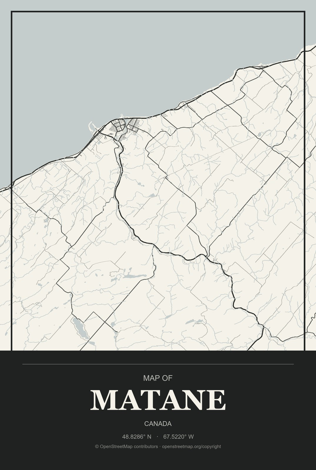 Matane, Canada City Map Aluminum Sign in Museum Plaque style