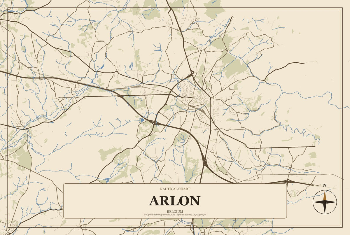 Arlon, Belgium City Map Aluminum Sign in Heritage Nautical style