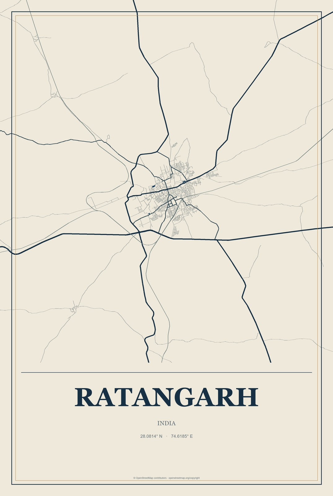 Ratangarh, India City Map Aluminum Sign in Coastal Cutout style