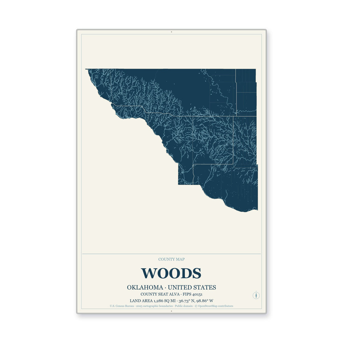 Woods County, Oklahoma Map Aluminum Sign in Coastal Cutout style