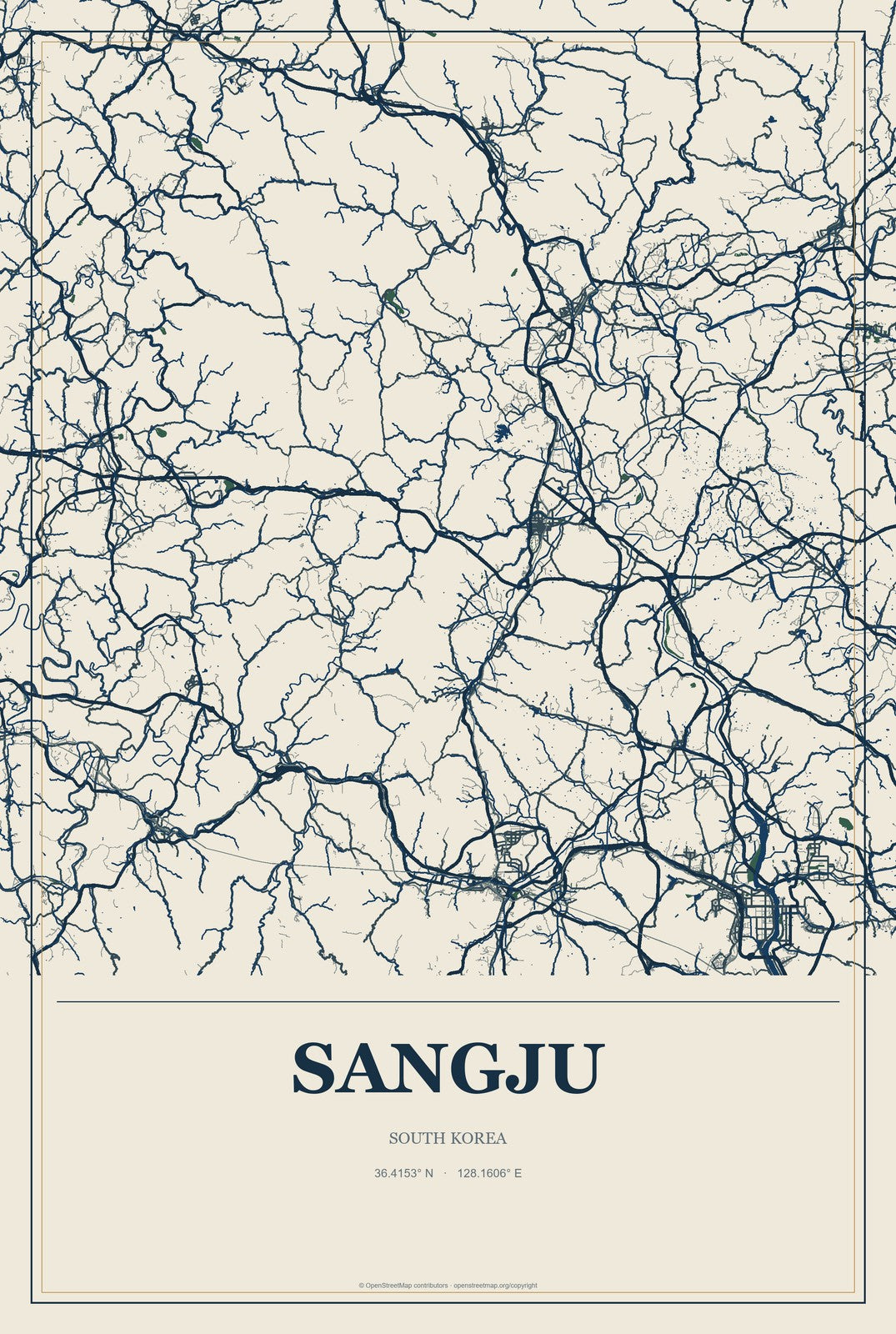 Sangju, South Korea City Map Aluminum Sign in Coastal Cutout style