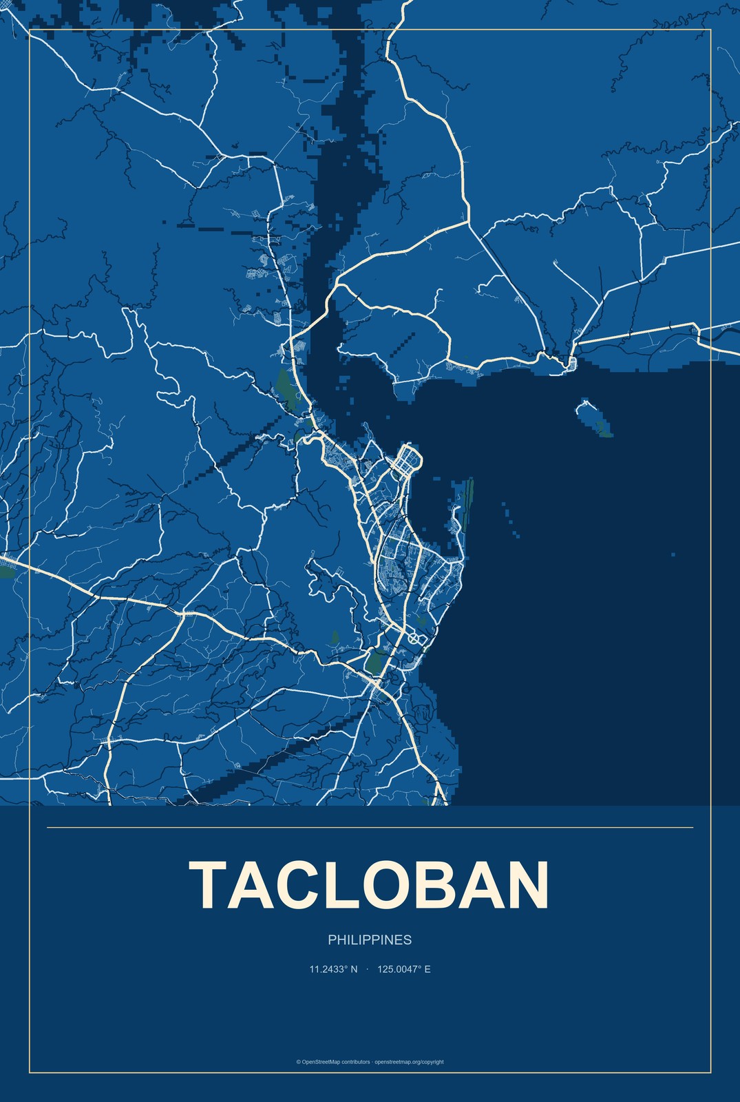 Tacloban, Philippines City Map Aluminum Sign in Harbor Cobalt style