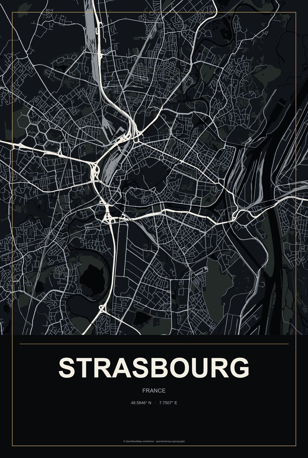 Strasbourg, France City Map Aluminum Sign in Metropolitan Noir style