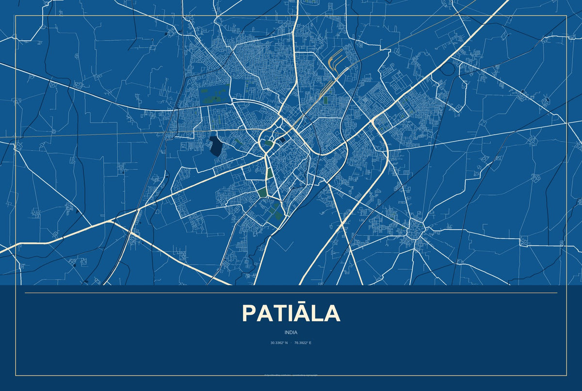 Patiāla, India City Map Aluminum Sign in Harbor Cobalt style