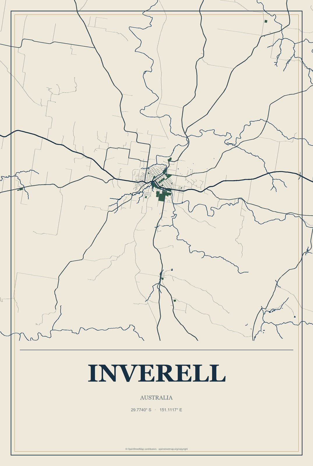Inverell, Australia City Map Aluminum Sign in Coastal Cutout style