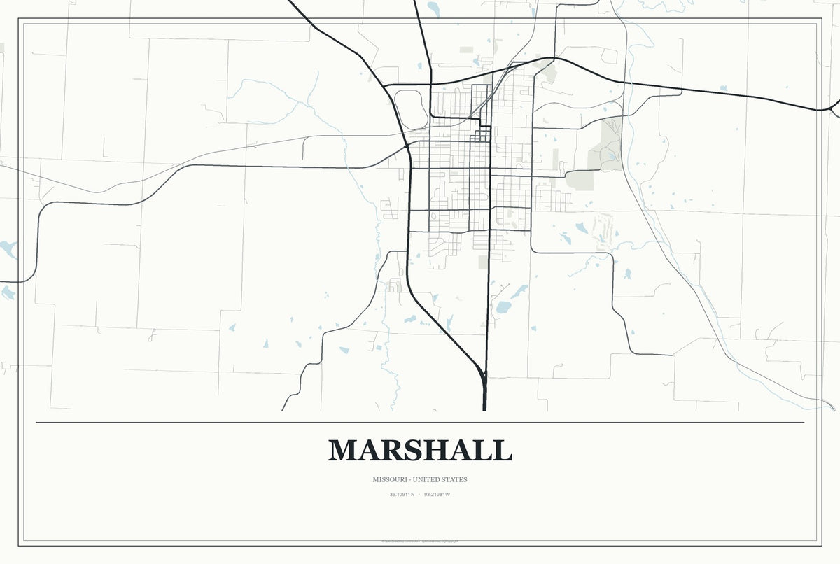 Marshall, Missouri City Map Aluminum Sign in Gallery Air style