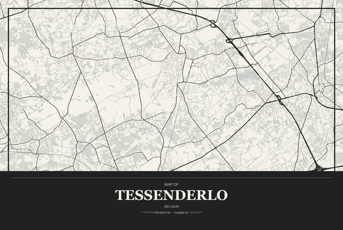 Tessenderlo, Belgium City Map Aluminum Sign in Museum Plaque style