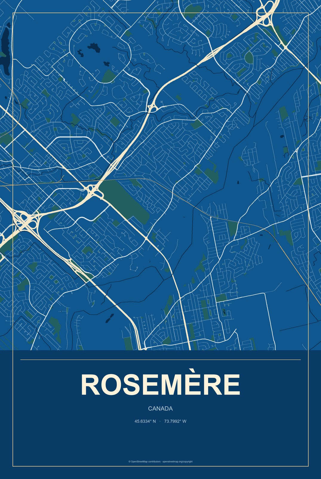 Rosemère, Canada City Map Aluminum Sign in Harbor Cobalt style