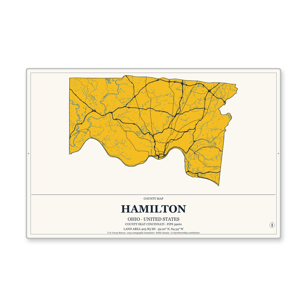 Hamilton County, Ohio Map Aluminum Sign in Citrine Modern style