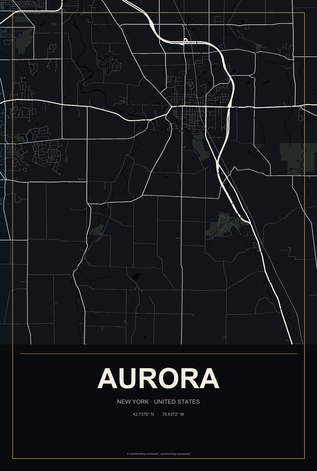 Aurora, New York City Map Aluminum Sign in Metropolitan Noir style