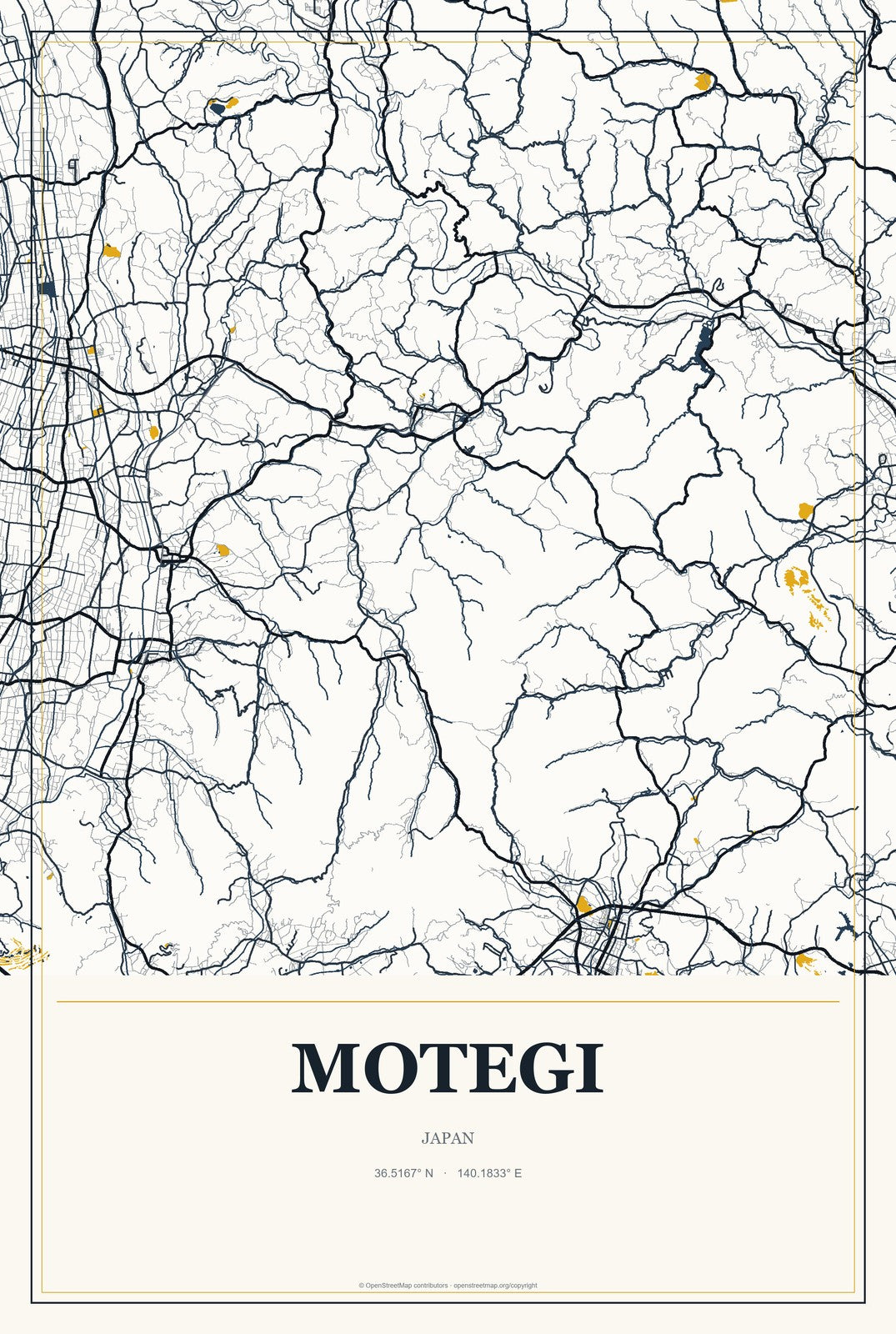 Motegi, Japan City Map Aluminum Sign in Citrine Modern style
