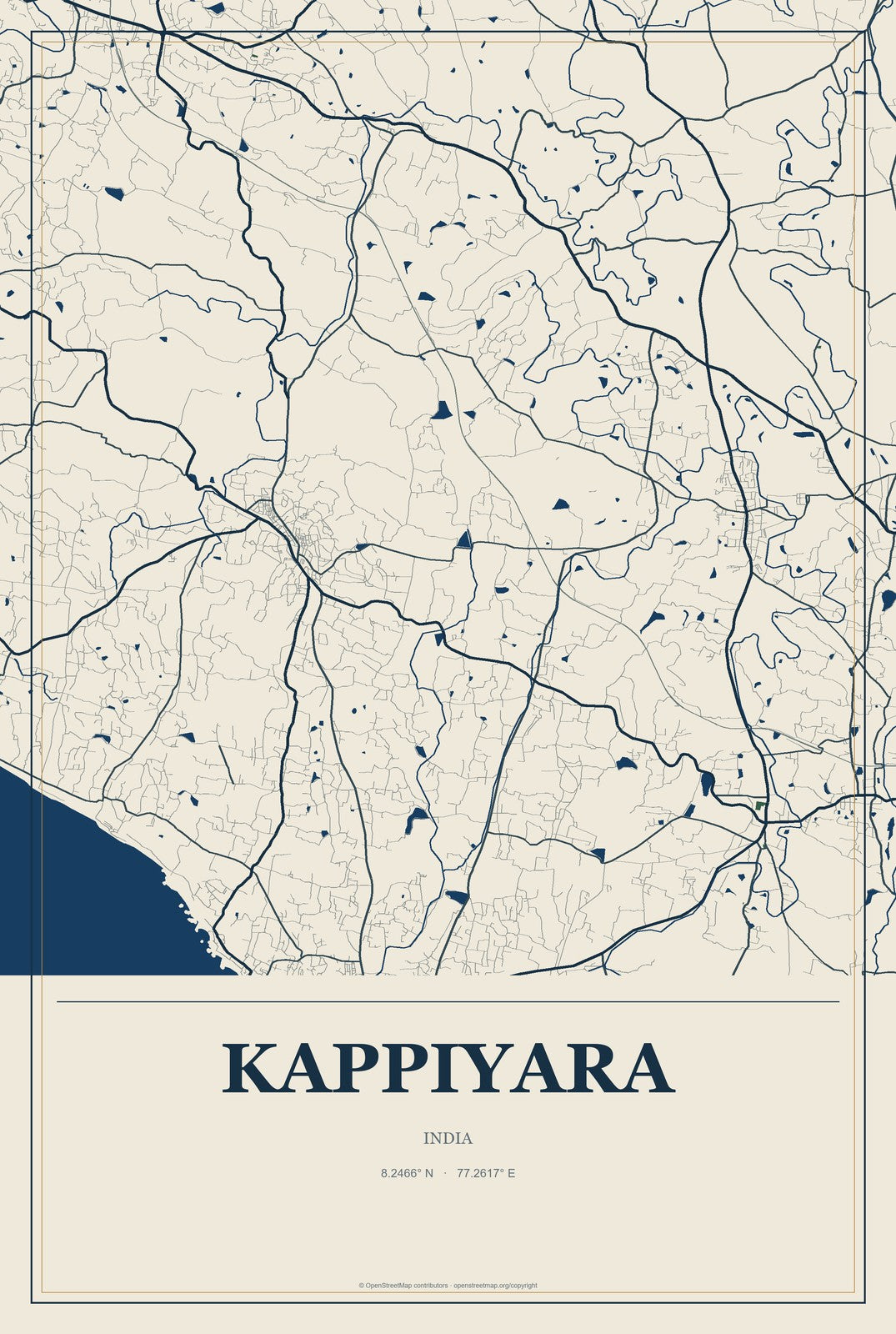 Kappiyara, India City Map Aluminum Sign in Coastal Cutout style