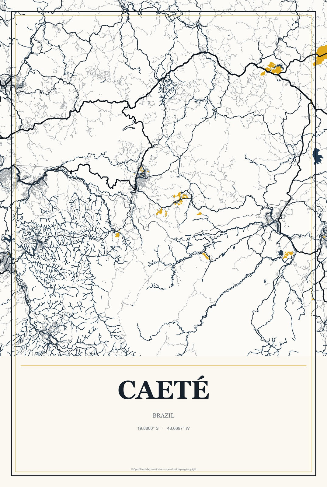 Caeté, Brazil City Map Aluminum Sign in Citrine Modern style