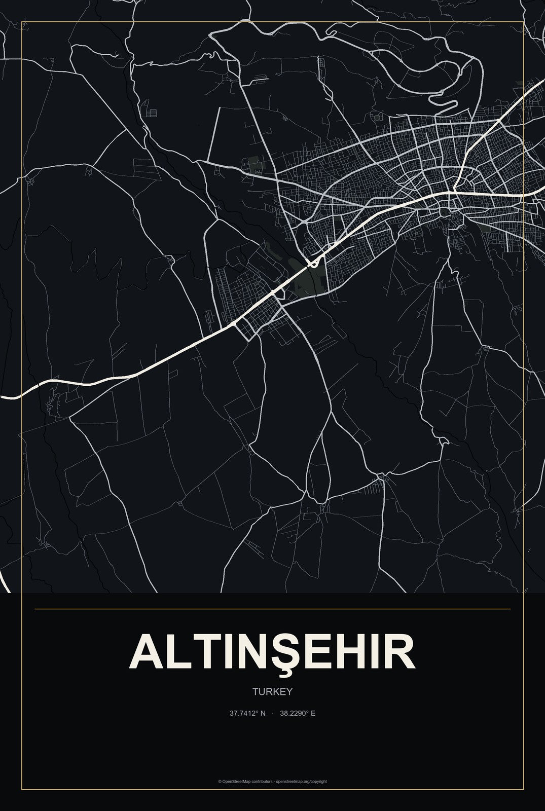 Altınşehir, Turkey City Map Aluminum Sign in Metropolitan Noir style