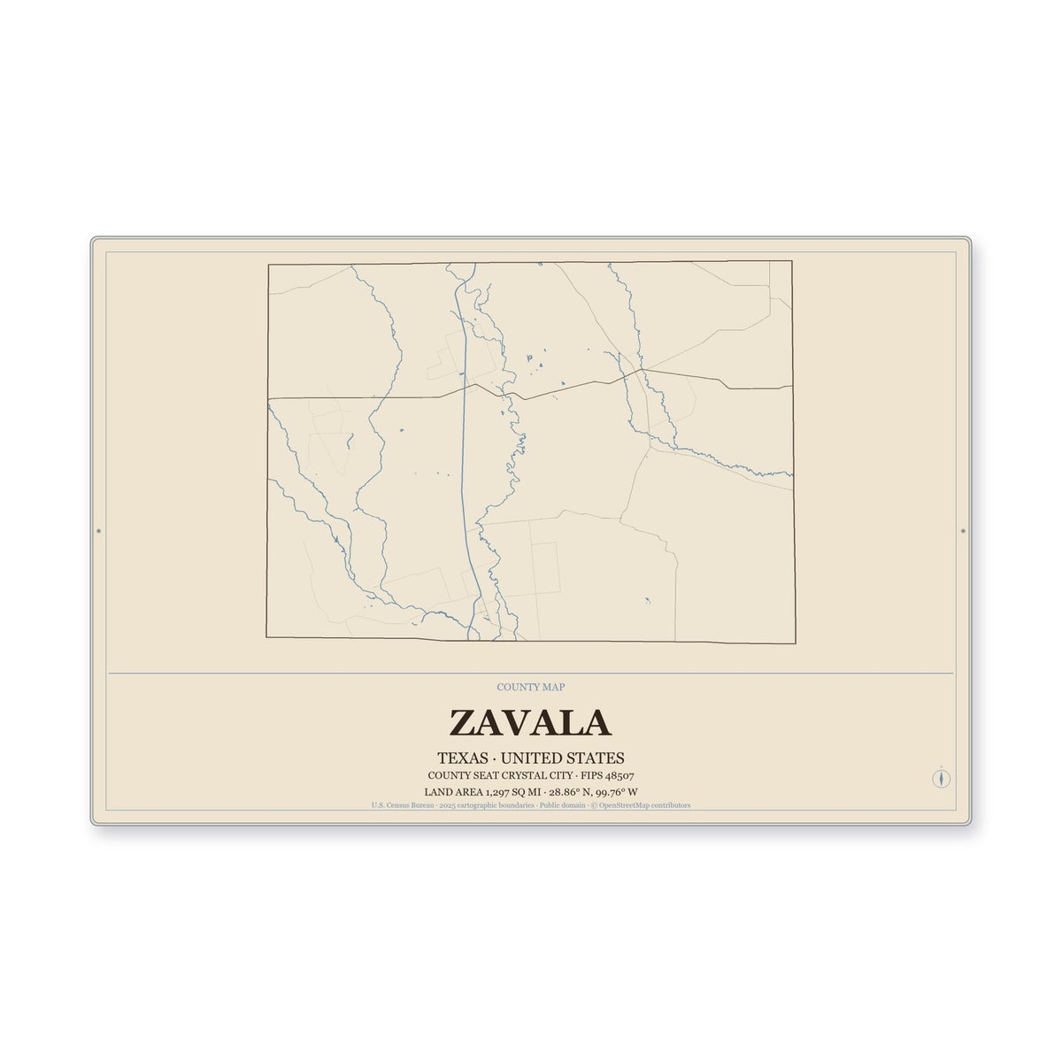Zavala County, Texas Map Aluminum Sign in Heritage Nautical style
