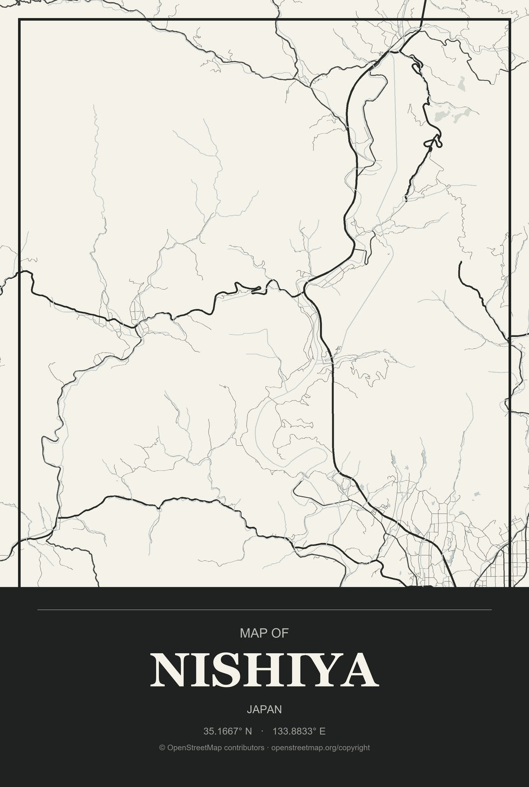 Nishiya, Japan City Map Aluminum Sign in Museum Plaque style