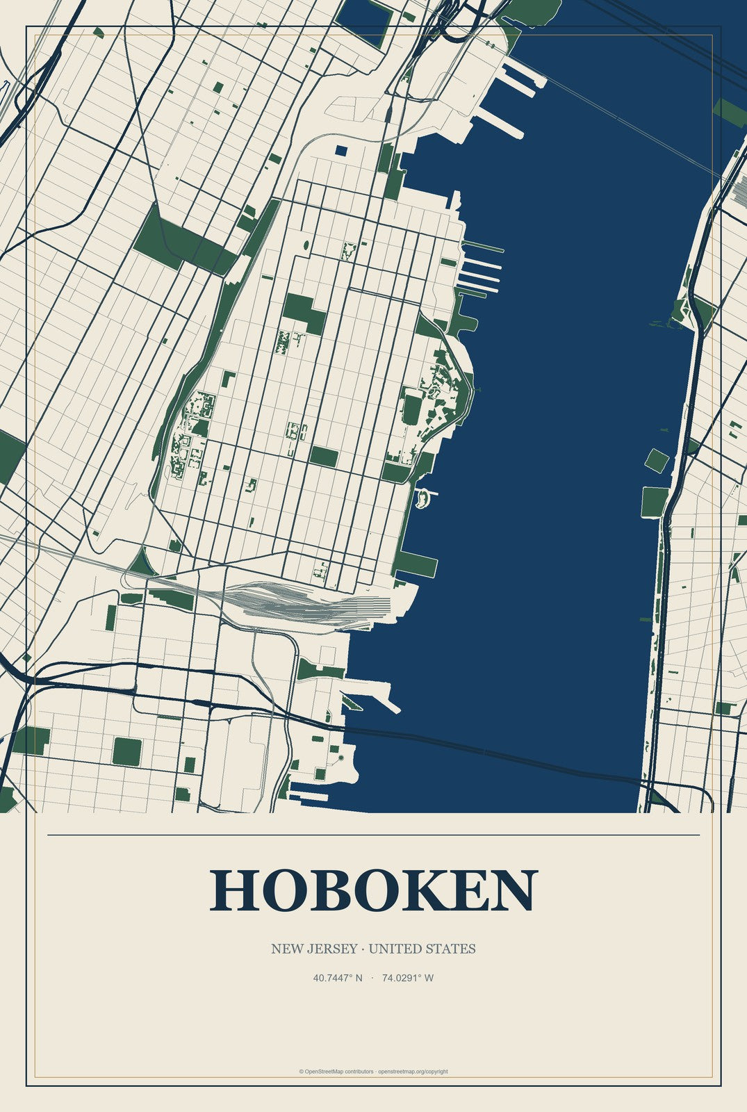 Hoboken, New Jersey City Map Aluminum Sign in Coastal Cutout style
