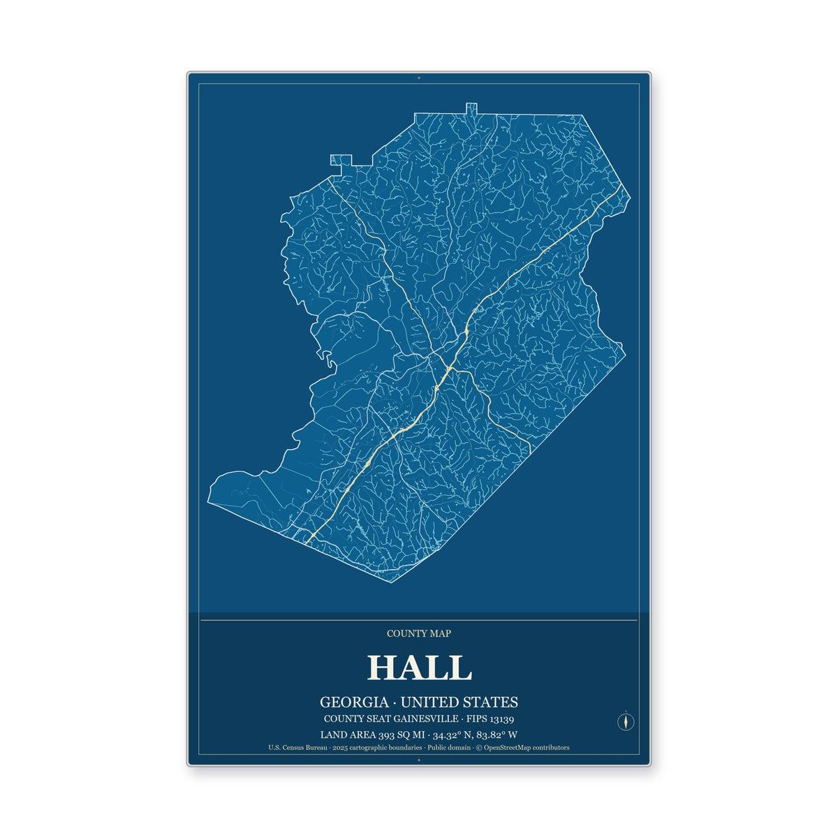 Hall County, Georgia Map Aluminum Sign in Harbor Cobalt style