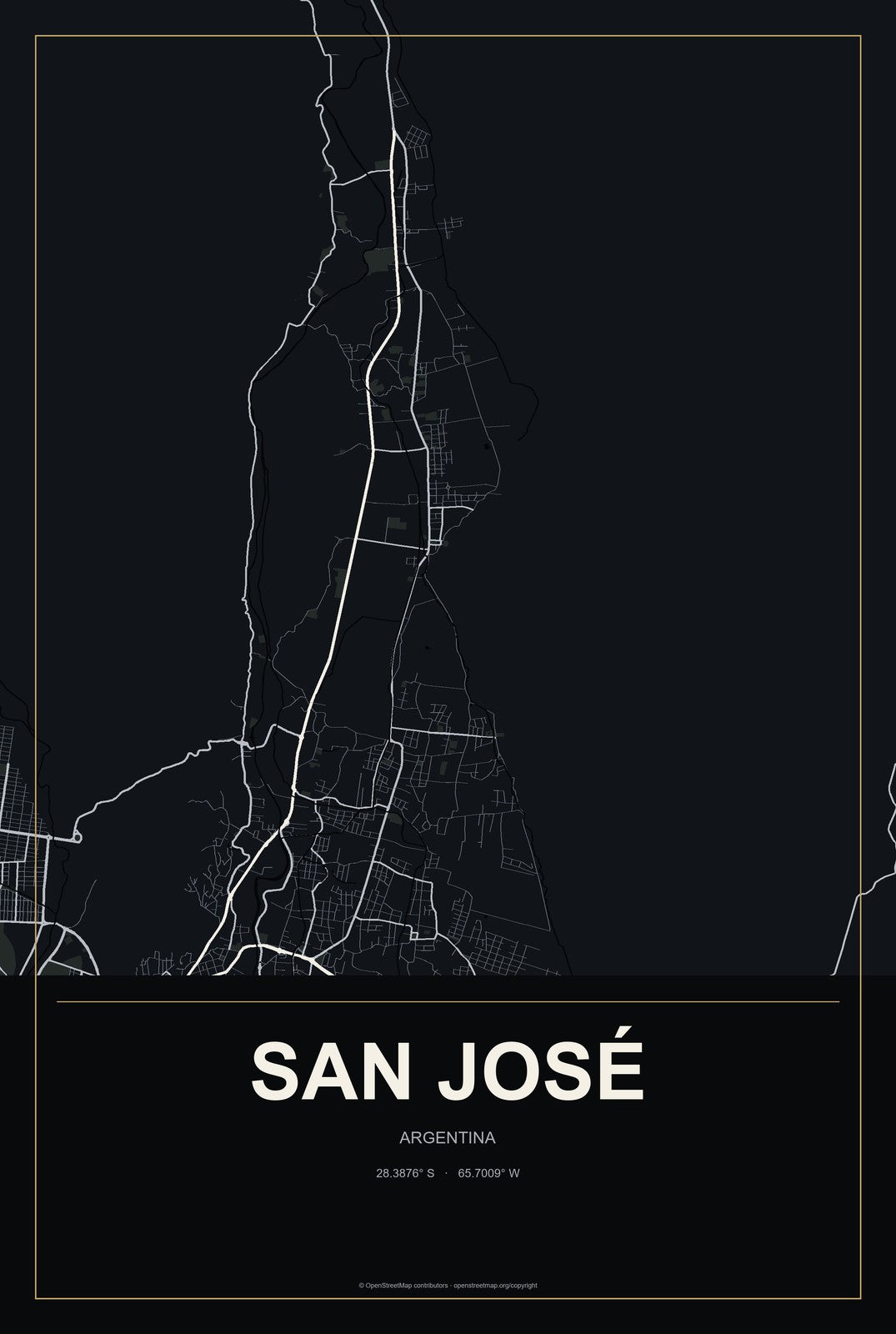 San José, Argentina City Map Aluminum Sign in Metropolitan Noir style