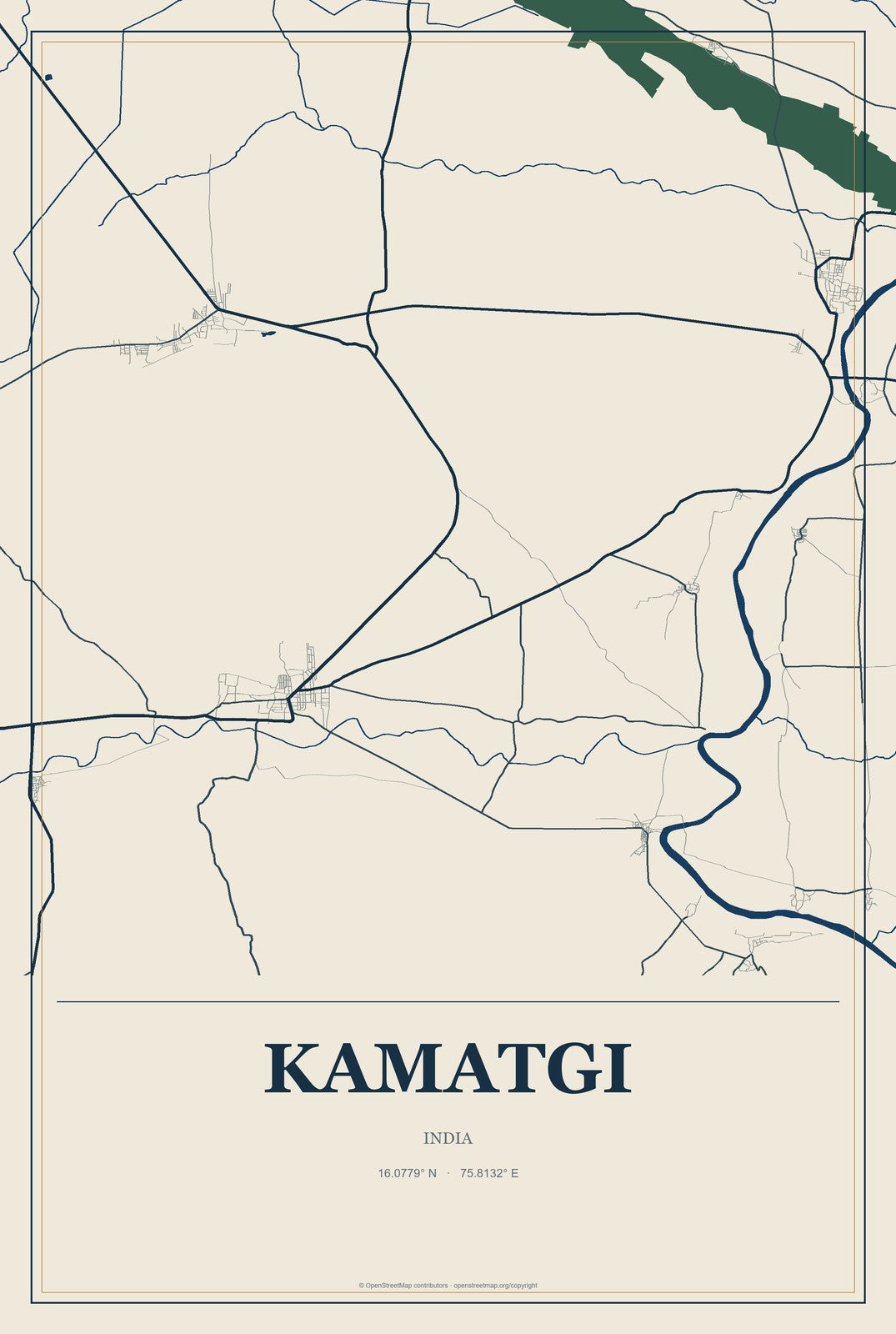 Kamatgi, India City Map Aluminum Sign in Coastal Cutout style