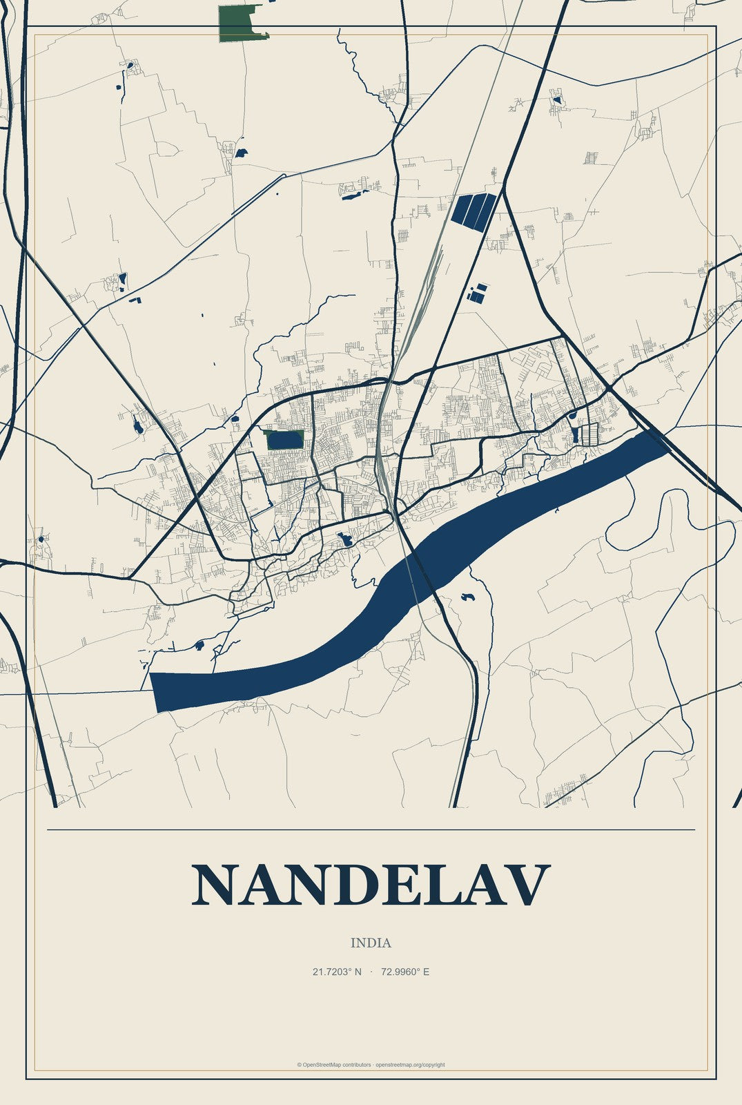 Nandelav, India City Map Aluminum Sign in Coastal Cutout style
