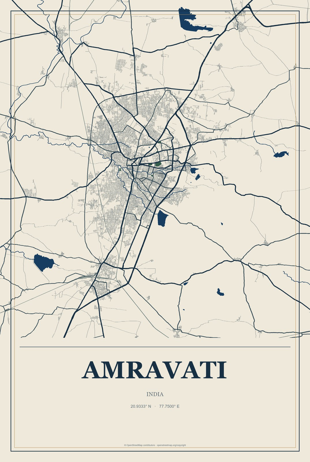 Amravati, India City Map Aluminum Sign in Coastal Cutout style
