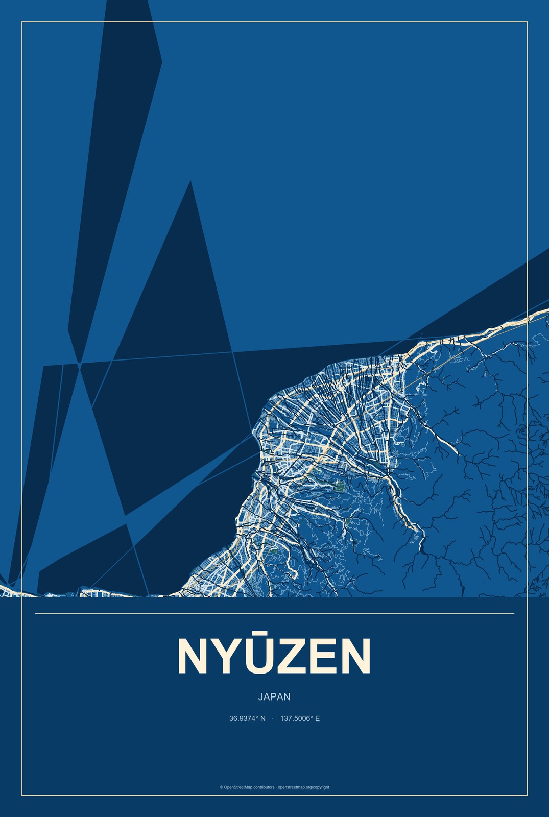 Nyūzen, Japan City Map Aluminum Sign in Harbor Cobalt style